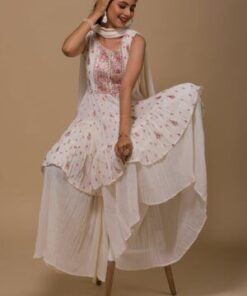 Cream Threadwork Georgette Readymade Sharara Suit