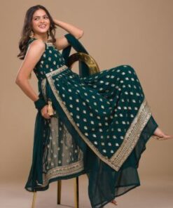 Peacock Blue Zariwork Georgette Readymade Salwar Suit