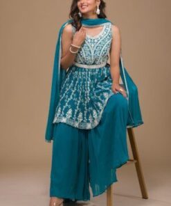 Turquoise Blue Threadwork Georgette Readymade Sharara Suit