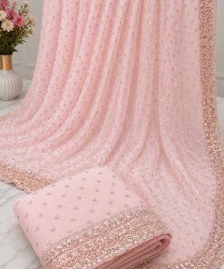 Soft Baby Pink Georgette Saree with Shimmering Gold Sequin Details and Scalloped Edge