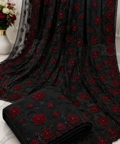 Elegant Black Net Saree with Burgundy Floral Beadwork & Scalloped Embellished Hem