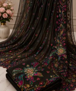 Elegant Black Net Saree with Vibrant Multicolour Floral Sequin Embroidery