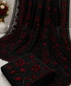 Black Net Saree with Red Floral Beads & Sequin Embellishment