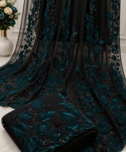 Black Net Saree with Teal Floral Sequin Embroidery and Scalloped Border
