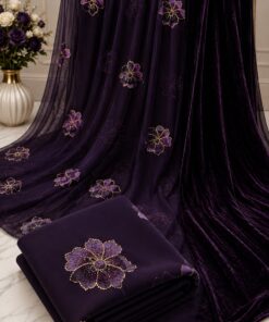 Exquisite Plum Saree with Velvet Border & Golden Floral Details