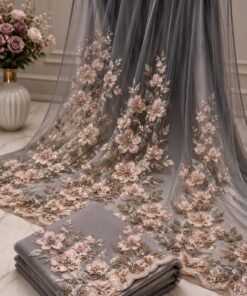 Elegant Grey Net Saree with Blush Pink 3D Floral Sequin Embellishment