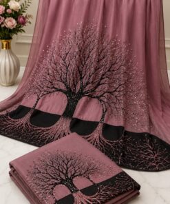 Mauve Chiffon Saree with Shimmering Tree of Life Motif & Contrasting Black Border