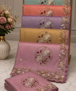 Elegant Pearl Swan Medallion Pastel Saree – Artisan Hand-Embroidered Collection