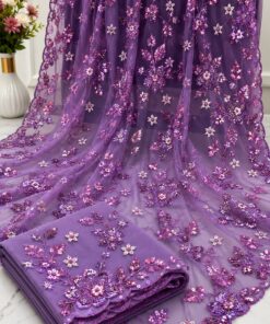 Regal Violet Net Saree with Exquisite Floral Sequin Embroidery