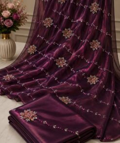 Burgundy Organza Saree with Crystalline Floral Embellishments