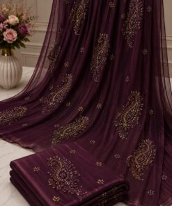 Plum Wine Saree with Hand-Beaded Golden Paisley Embellishments