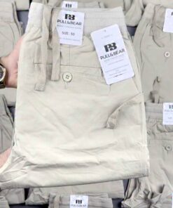 Men's Beige Cotton Cargo Trousers - Ribbed Drawstring Waist Relaxed Fit Casual Pants