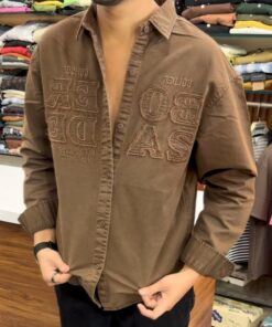 Men's Brown Oversized Applique Shirt - Full Sleeve Washed Cotton Drop Shoulder Overshirt