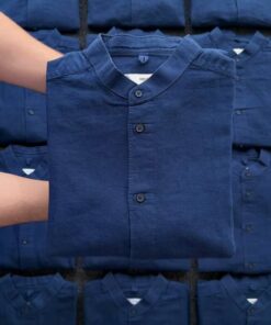 Men's Navy Blue Mandarin Collar Cotton Linen Blend Shirt - Full Sleeve Regular Fit Casual Shirt