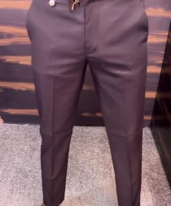Men's Wine Slim Fit Ankle Length Formal Trousers with Side Buckle Detail